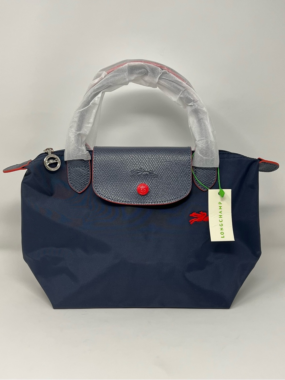 Longchamp Le Pliage Club Small Top Handle Bag Navy Red NWT